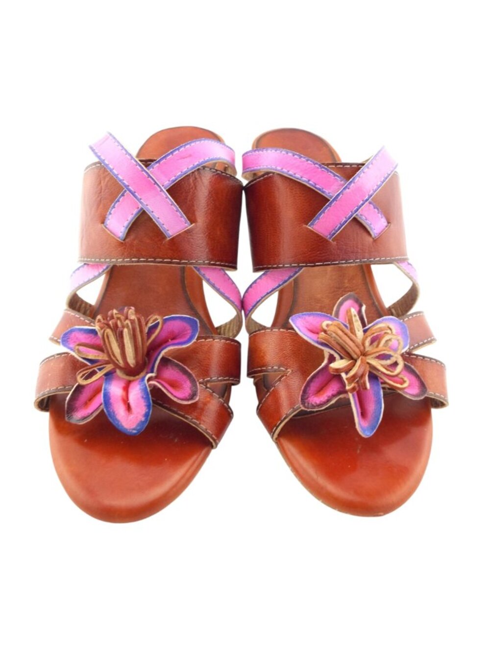 SPRING STEP Hand Painted Burnt Orange Leather Floral Slide Heel Sandals 39